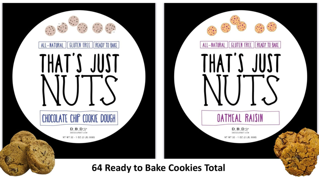 That's Just Nuts, Chocolate Chip and Oatmeal Raisin Gluten Free Cookie Dough, 2.15 lb. Box, 2-Pack (Frozen)