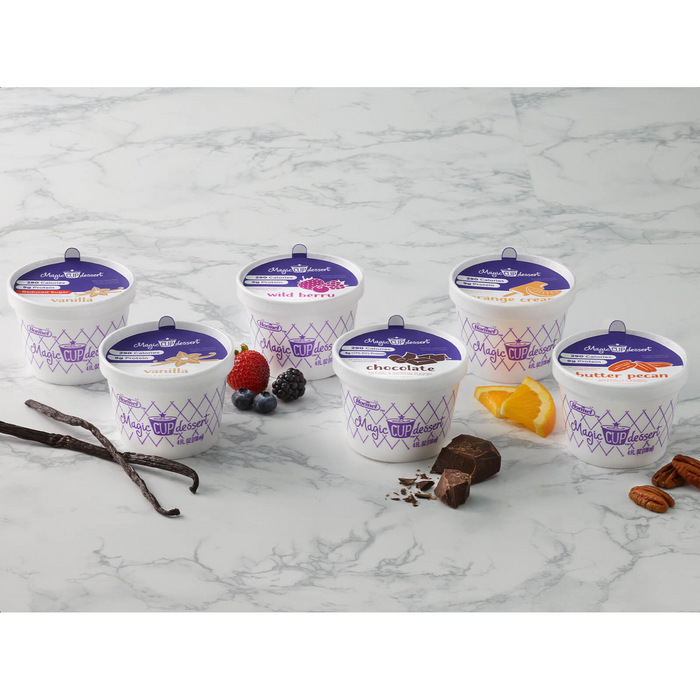 MAGIC CUP Fortified Nutrition Dessert Cup Variety Pack (Vanilla, Chocolate, Butter Pecan, Wild Berry, Orange Creme & Vanilla Reduced Sugar) 4 ounces (Pack of 24)